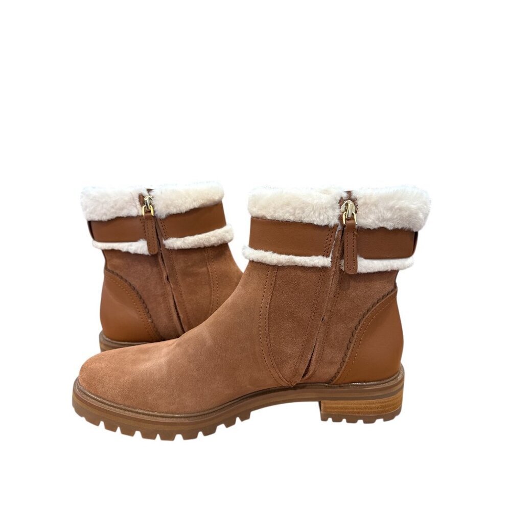 Kate Spade Bailee Tan Suede & Leather Fur Lined Ankle Boots Winter Sz 8.5B NWOT